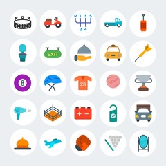 Modern Simple Set of transports, hotel, sports Vector flat Icons. Contains such Icons as food, stadium, truck, clean,  game,  home and more on white cricle background. Fully Editable. Pixel Perfect.