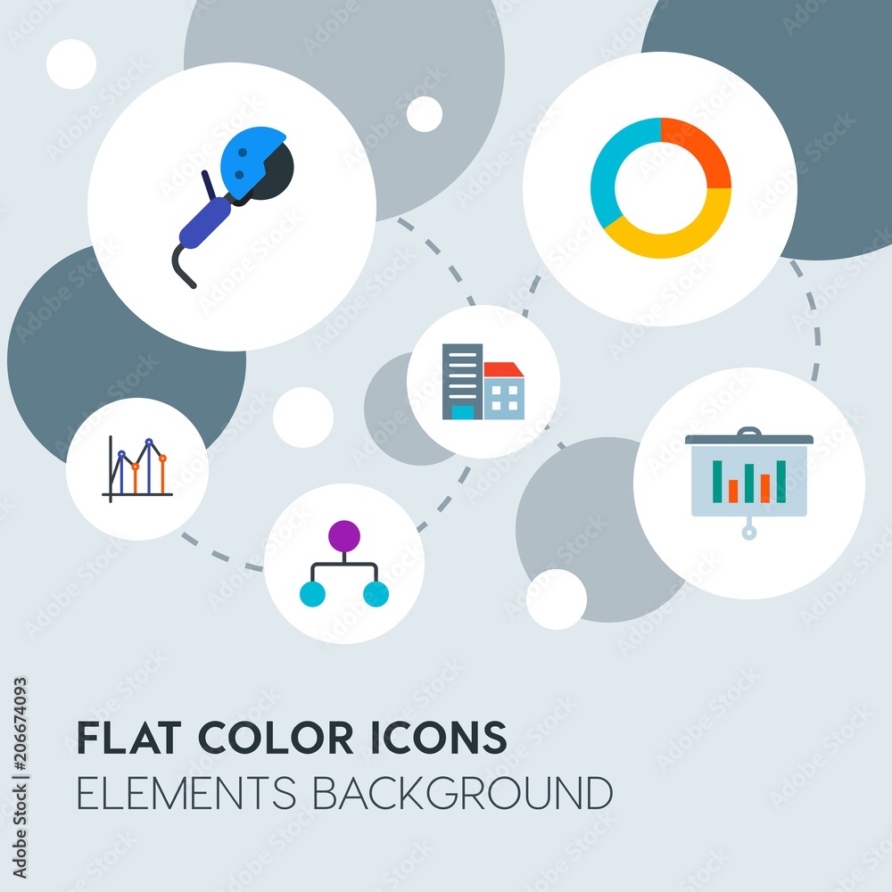 Poster business, industry, charts flat vector icons and elements background with circle bubbles networks.mu