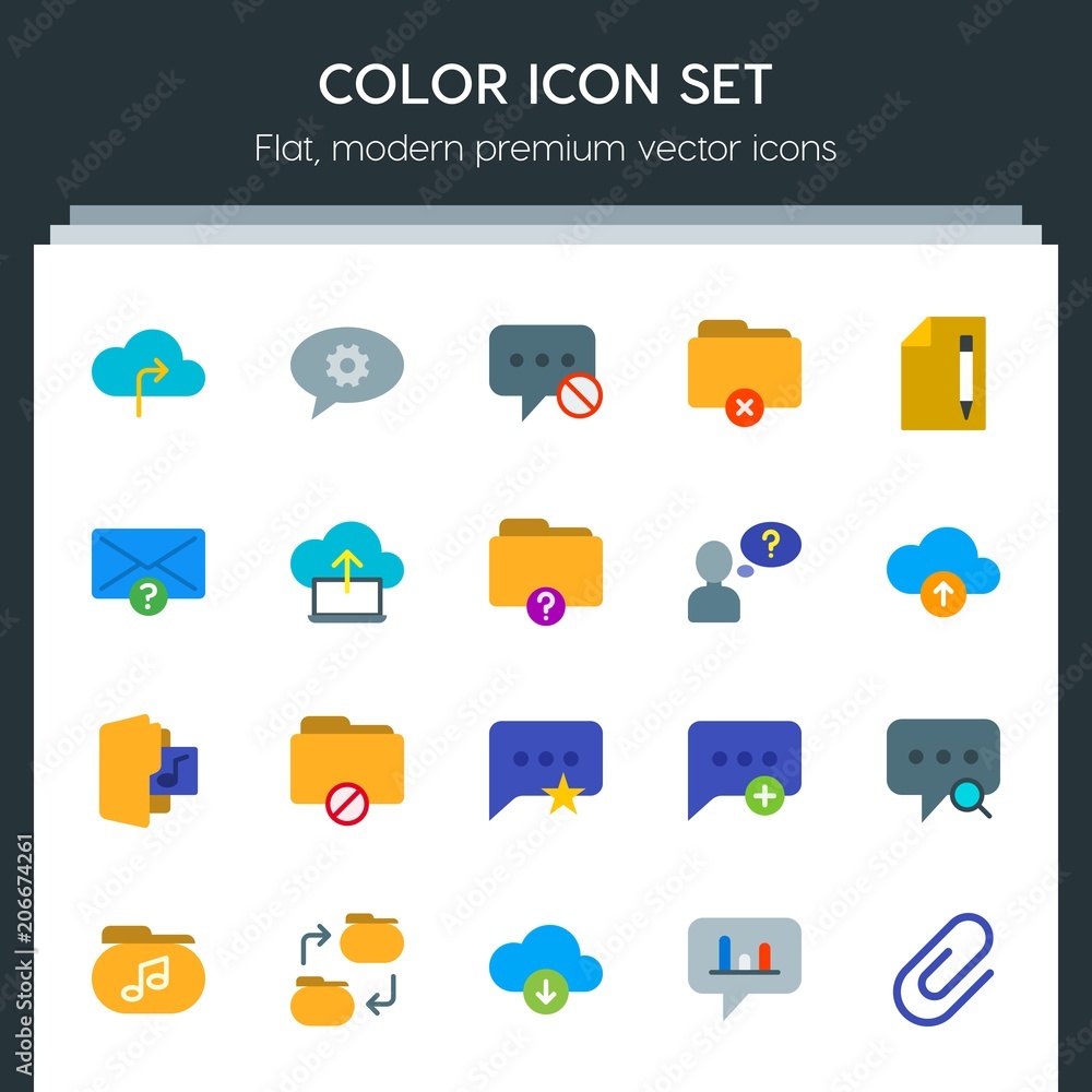 Poster modern simple set of cloud and networking, chat and messenger, folder, email vector flat icons. cont