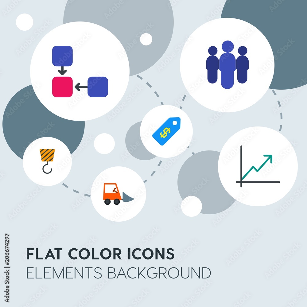 Poster business, industry, charts flat vector icons and elements background with circle bubbles networks.mu