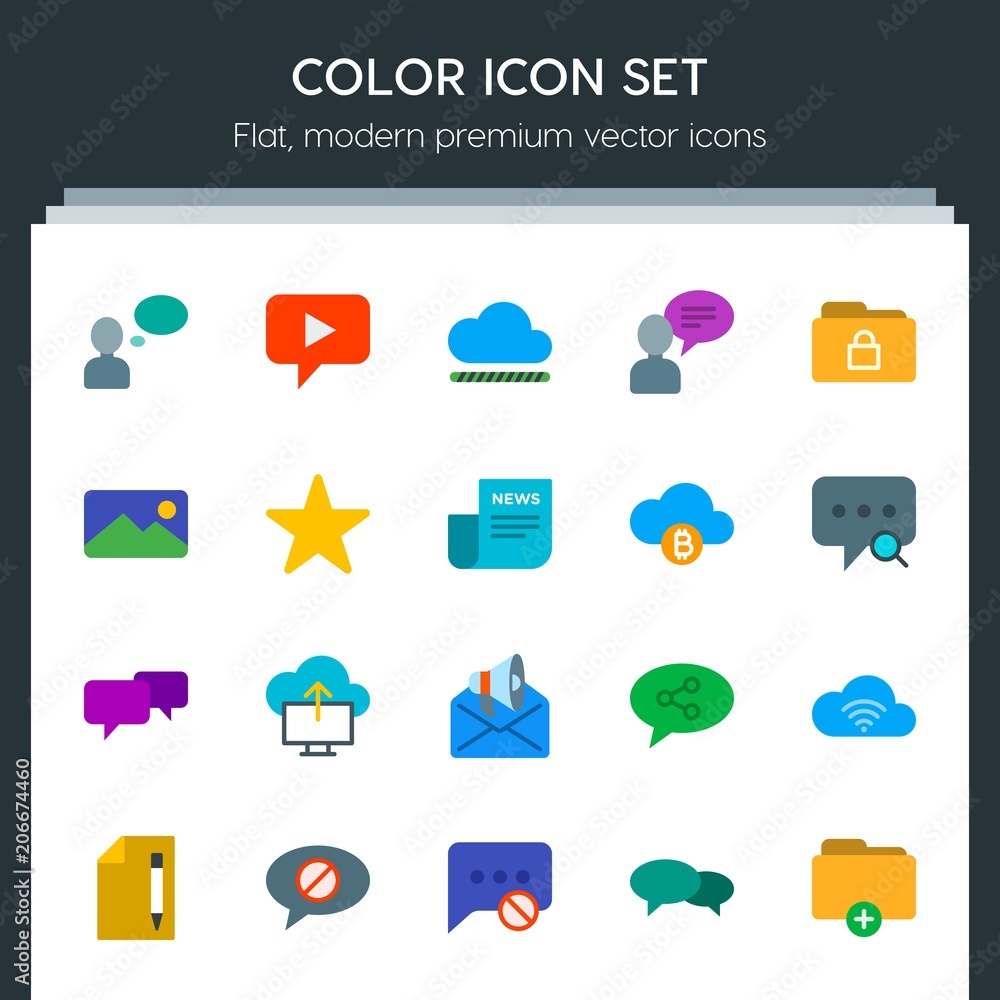 Poster modern simple set of cloud and networking, chat and messenger, folder, email vector flat icons. cont