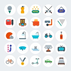 Modern Simple Set of transports, hotel, sports Vector flat Icons. Contains such Icons as  cycle,  tv, golf,  award,  healthy,  race and more on white cricle background. Fully Editable. Pixel Perfect.
