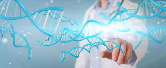 Doctor holding blue digital DNA structure 3D rendering