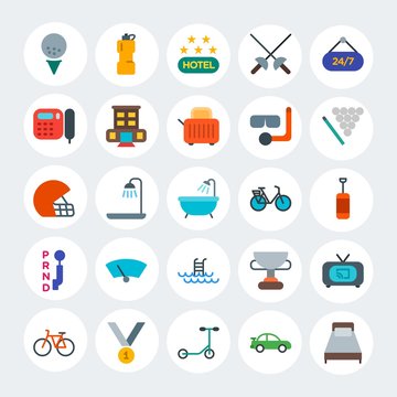 Modern Simple Set of transports, hotel, sports Vector flat Icons. Contains such Icons as  cycle,  tv, golf,  award,  healthy,  race and more on white cricle background. Fully Editable. Pixel Perfect.