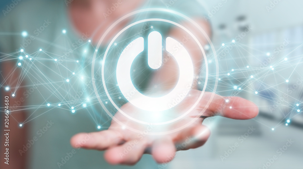 Aufkleber businessman using 3d render power button with connections