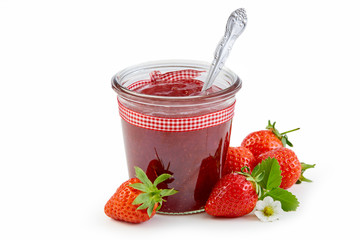 Jar of fresh strawberry jam or puree