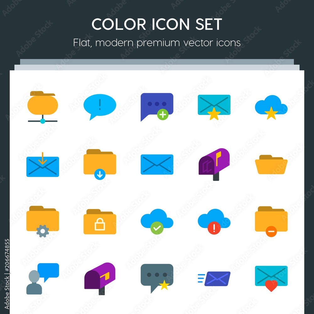 Poster modern simple set of cloud and networking, chat and messenger, folder, email vector flat icons. cont