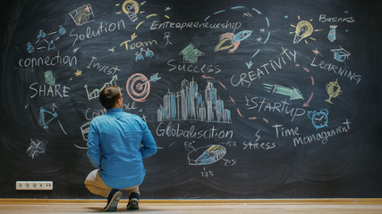 Creative Entrepreneur Squats Before Blackboard Looks at the Blackboard With Inspirational Words and...