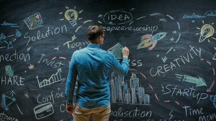 Creative Entrepreneur Stands Before Blackboard Looks at the Blackboard With Inspirational Words and Drawings on it.