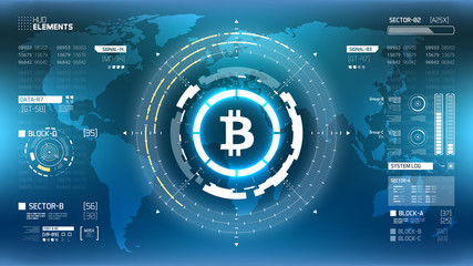 Bitcoin cryprocurrency futuristic vector HUD infographics. Worldwide digital money technology