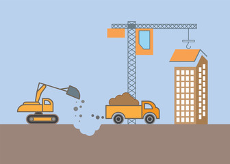 Building. Construction crane and excavator. Flat vector illustration city building.