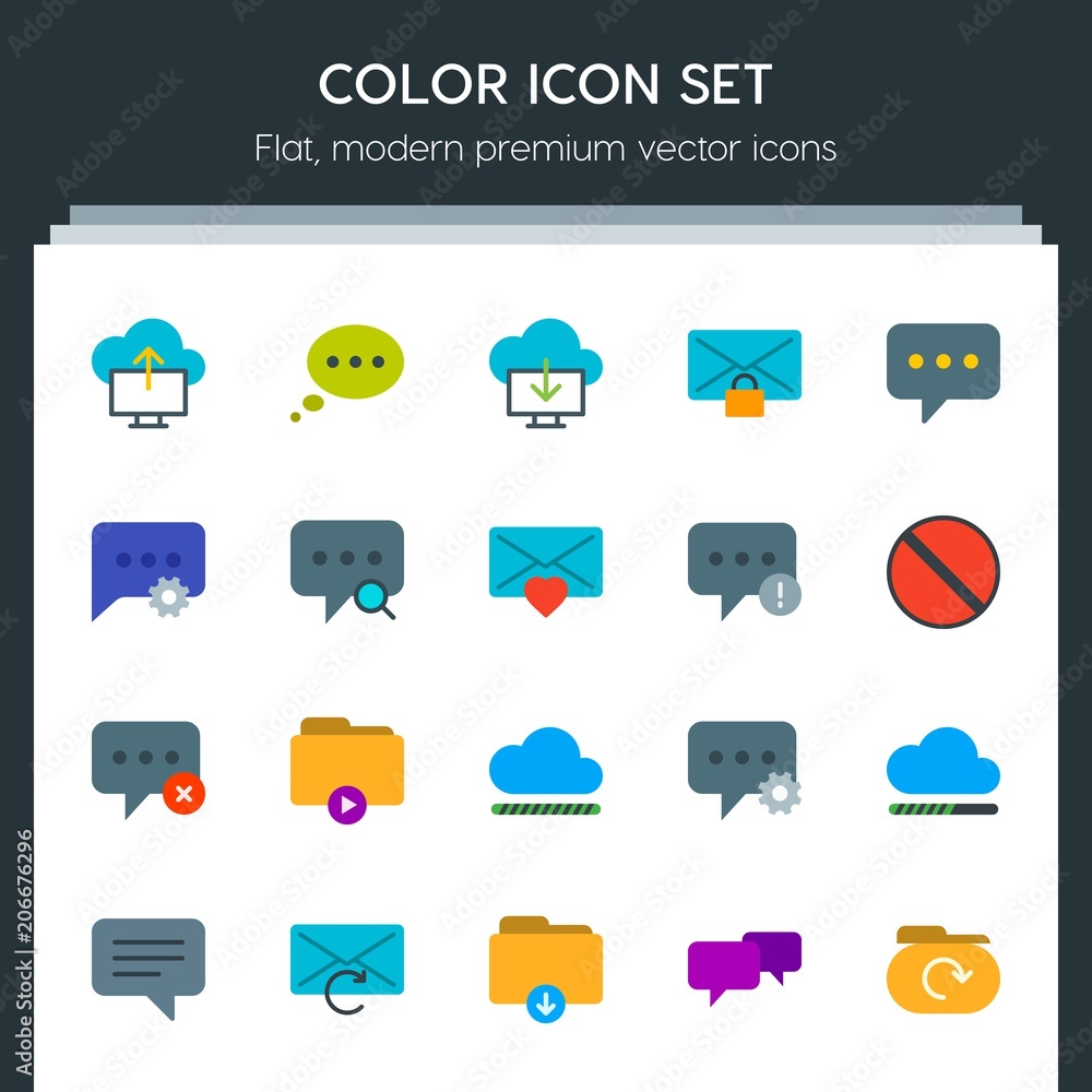 Poster modern simple set of cloud and networking, chat and messenger, folder, email vector flat icons. cont