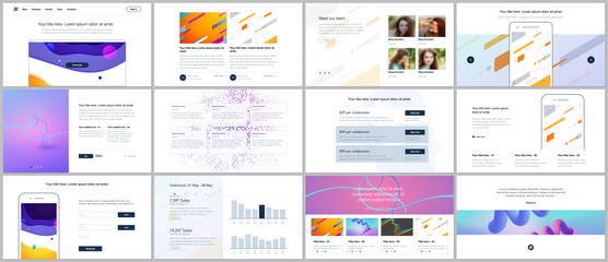 Vector templates for website design, minimal presentations, portfolio with geometric colorful patterns, gradients, fluid shapes. UI, UX, GUI. Design of headers, dashboard, features page, blog etc.