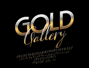 Vector Luxury Sign Gold Gallery. Chic glossy Font. Golden Alphabet Letters, Numbers and Punctuation Symbols