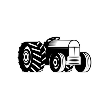 Agricultural tractor monochrome silhouette isolated on white background - farm transportation for work on fields in flat cartoon style. Vector illustration of village wheeled machine.