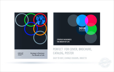 Brochure design round template. Colourful modern abstract set, annual report with circles rings for branding.