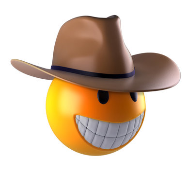 3d Render Of A Cute Smile Emoji Sphere With Cowboy Hat.