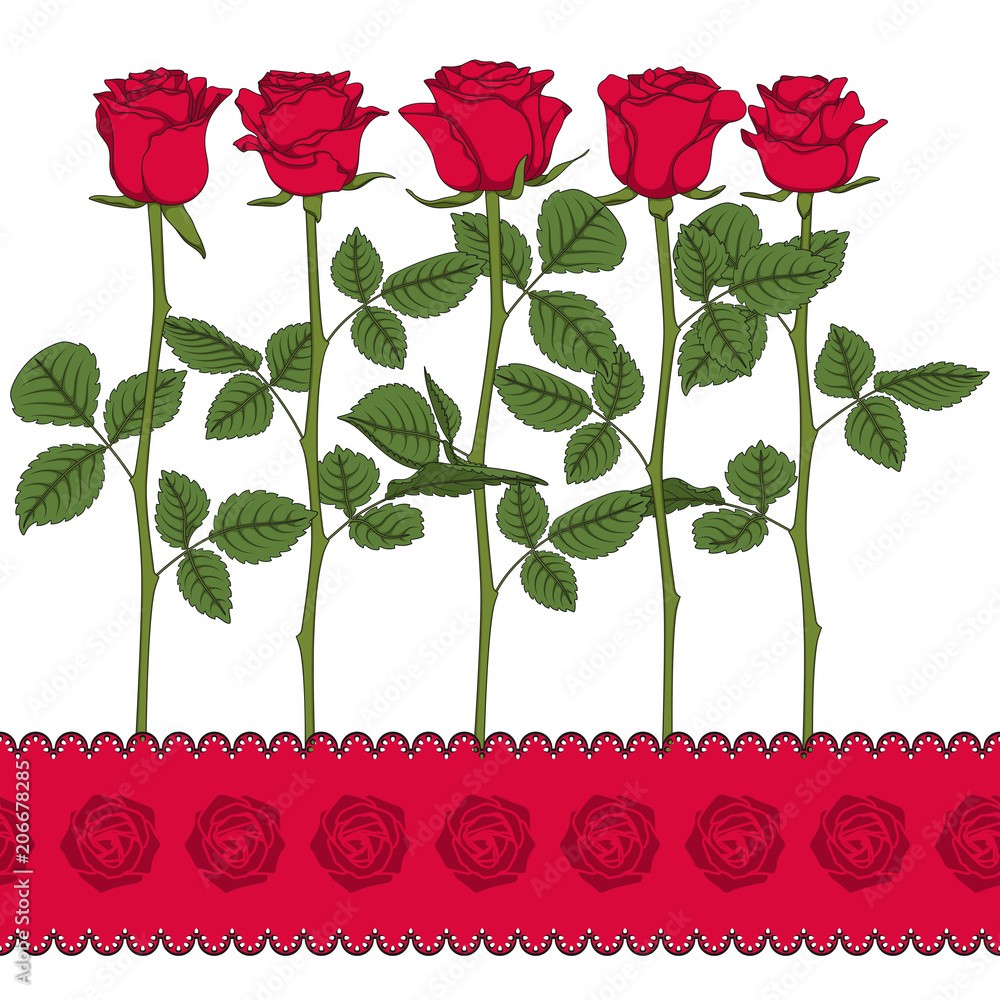 Poster set of color illustrations with red roses. isolated vector objects on white background.