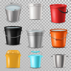 Bucket vector bucketful and bitbucket plastic pail empty or with water bucketing down in garden and garbagepail or pailful for gardening set illustration isolated on transparent background