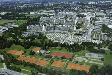 Aerial view of Munich Olympic village and tennis couts from Olympic Tower