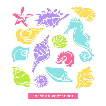 Vector set of sea horse, starfish, cancer, seashells