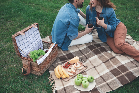 Romantic dinner in the nature. Cheerful mature man and woman are dating on meadow. They are talking and smiling while drinking red wine. Healthy food in on blanket 