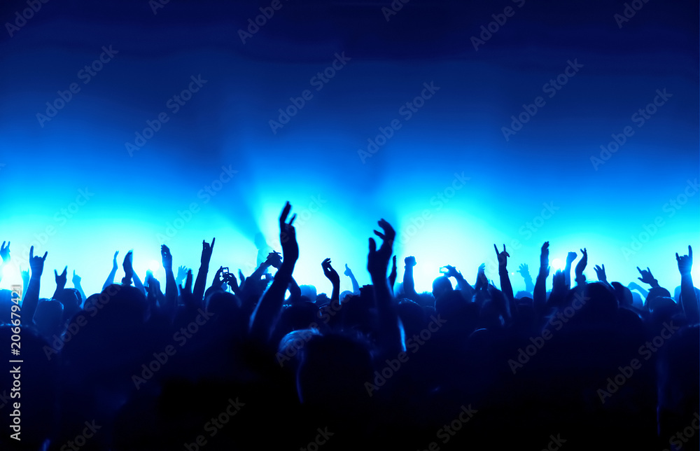 Wall mural cheering crowd at rock concert in front of bright lights