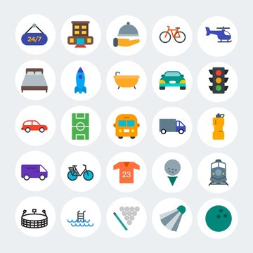Modern Simple Set of transports, hotel, sports Vector flat Icons. Contains such Icons as  competition,  olympic,  urban,  blue, golf and more on white cricle background. Fully Editable. Pixel Perfect.