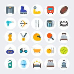 Modern Simple Set of transports, hotel, sports Vector flat Icons. Contains such Icons as  first,  motel, clean, tennis, elevator and more on white cricle background. Fully Editable. Pixel Perfect.