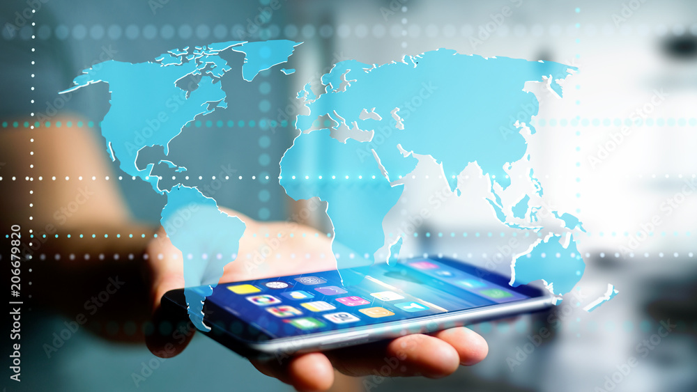 Poster businessman using a smartphone with a connected world map - 3d render