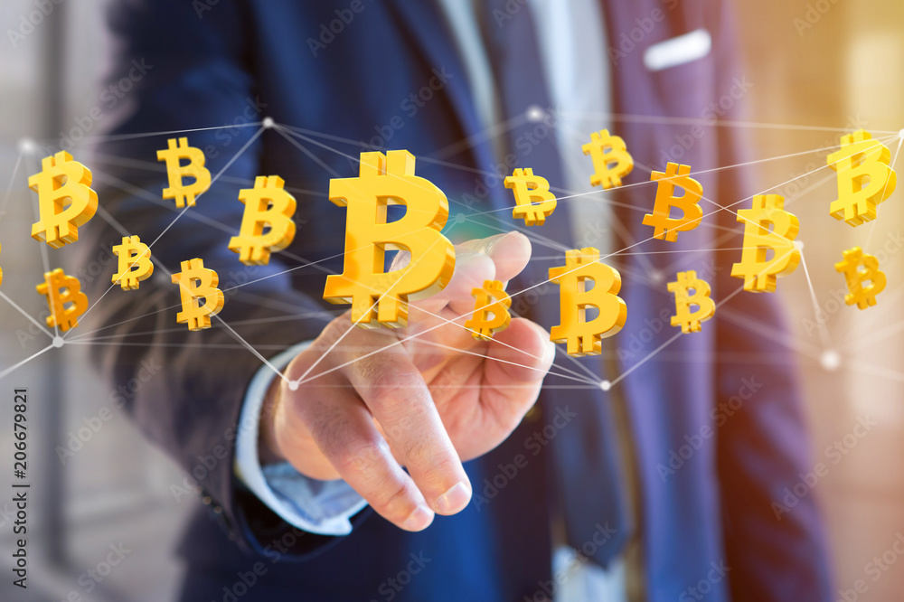 Poster bitcoin sign flying around a network connection - 3d render