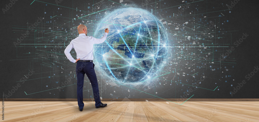 Poster man holding connection around a world globe isolated 3d rendering
