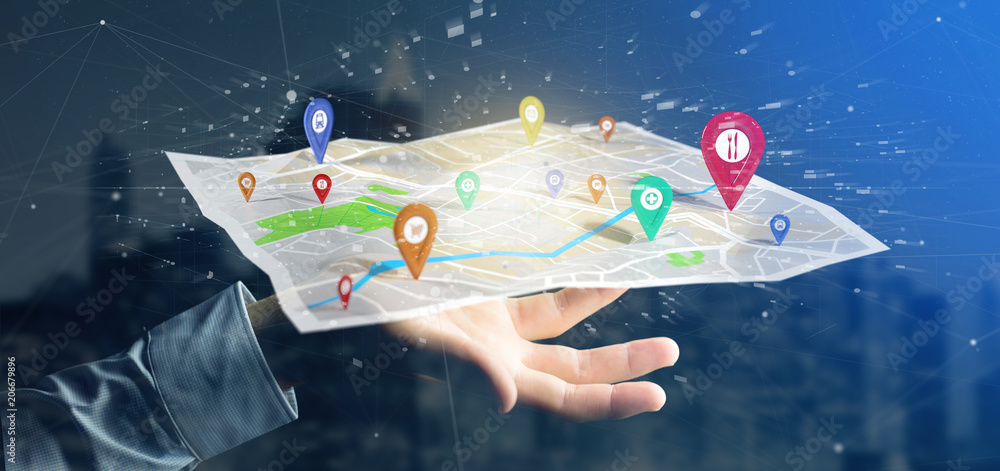 Aufkleber man holding a 3d rendering pin holder on a map