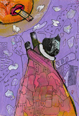 Pug and smoking sun. Collage, painting by acrylic and drawing by ink on paper