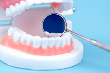 Fototapeta na wymiar Zahnersatz mit einem Zahnarzt Spiegel bei einer Untersuchung
