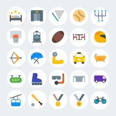 Modern Simple Set of transports, hotel, sports Vector flat Icons. Contains such Icons as  ride, hotel,  pool,  star, football,  goal and more on white cricle background. Fully Editable. Pixel Perfect.