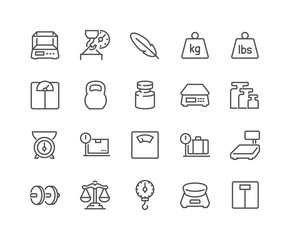 Simple Set of Weight Related Vector Line Icons. Contains such Icons as Scales, Feather, Balance and more. Editable Stroke. 48x48 Pixel Perfect.