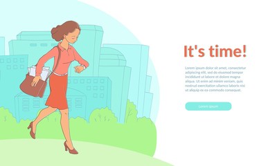 Late business woman hurrying up looking at watches holding suitcase poster template, its time inscription. Adult worker in red skirts, suit going to meeting, work. Vector illustration isolated