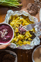 Beetroot dip sauce with sunflower seeds, olive oil, garlic, herbs. raw vegan vegetarian healthy food.