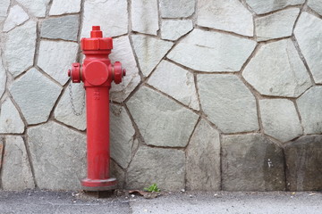 Fototapeta na wymiar idrante rosso in via città sfondo muro pietra