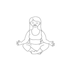 Hand drawn plump obese girl meditate in lotus posture in sport clothing. Sketch style cute female character. Vector adult blonde overweight woman having fun, isolated monochrome illustration