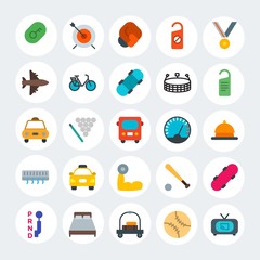 Modern Simple Set of transports, hotel, sports Vector flat Icons. Contains such Icons as  board,  pool,  competition,  furniture and more on white cricle background. Fully Editable. Pixel Perfect.