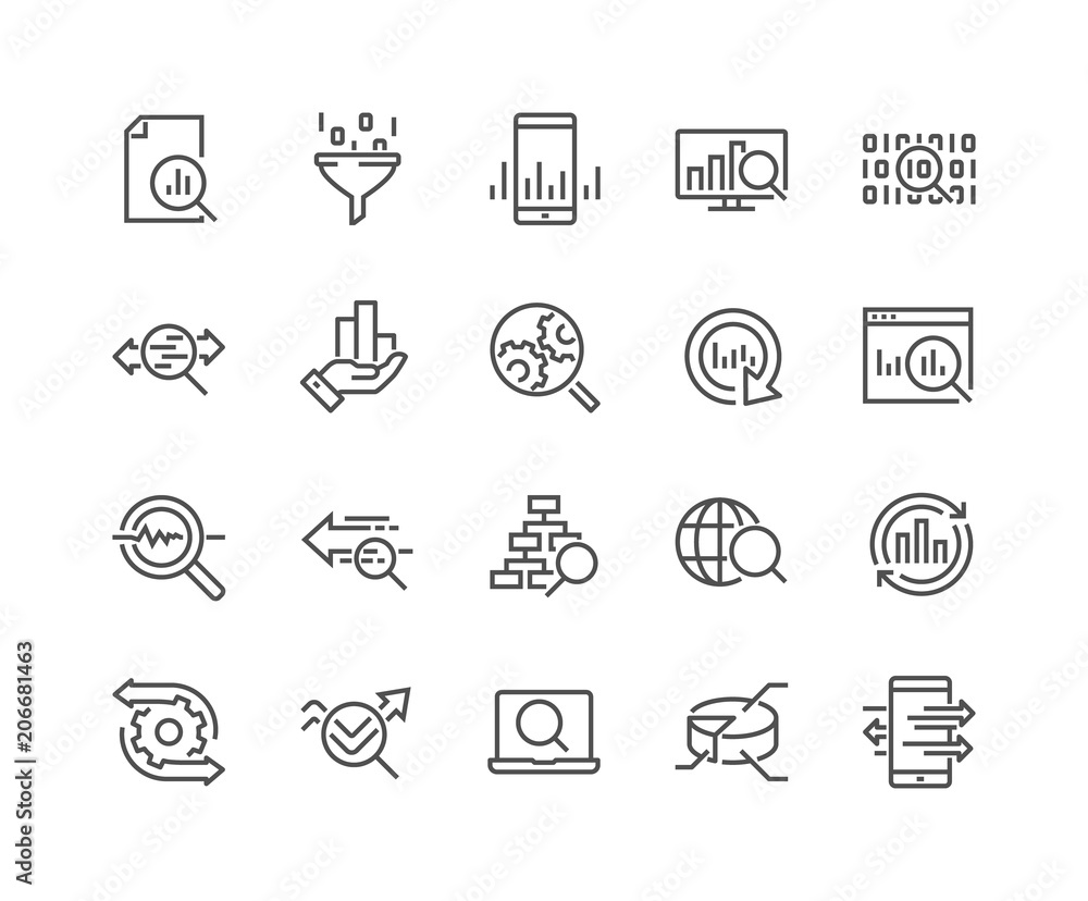 Poster simple set of data analysis related vector line icons. contains such icons as charts, graphs, traffi