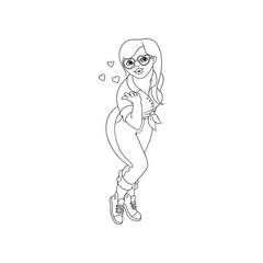 Hand drawn plump obese girl blow air kiss in fancy heart shape sunglasses. Sketch style cute female character in jeans, skirt. Vector adult blonde overweight woman having fun. Monochrome illustration