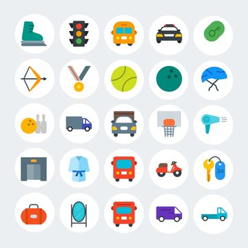 Modern Simple Set of transports, hotel, sports Vector flat Icons. Contains such Icons as  lock, key,  room,  key,  skating,  modern and more on white cricle background. Fully Editable. Pixel Perfect.