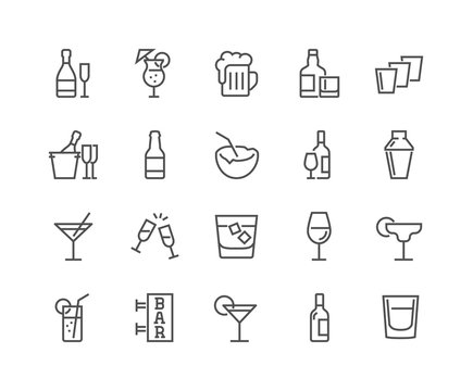 Simple Set of Alcohol Related Vector Line Icons. Contains such Icons as Champagne, Whisky, Cocktail, Shots and more. Editable Stroke. 48x48 Pixel Perfect.