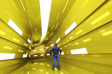 Man stands in a golden tunnel with a turn into the unknown