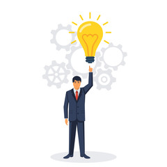 Businessman points to a big light bulb as a symbol big idea. New creative idea. Problem solution metaphor. Vector illustration flat design. Isolated on white background. Thinking processes.