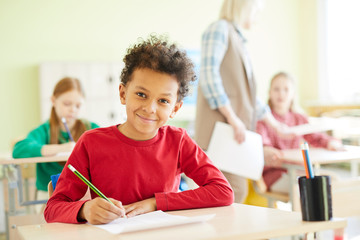 Happy schoolboy looking at camera while carrying out final exam test at lesson