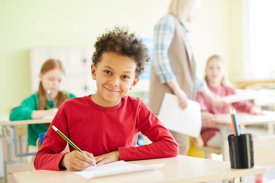 Happy schoolboy looking at camera while carrying out final exam test at lesson